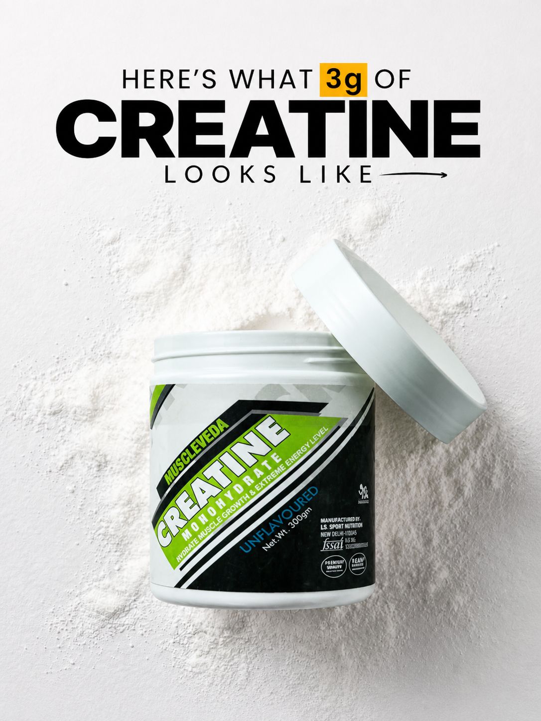 Muscle Veda Creatine Monohydrate – Unflavoured | 3g Creatine Per Scoop | 300g