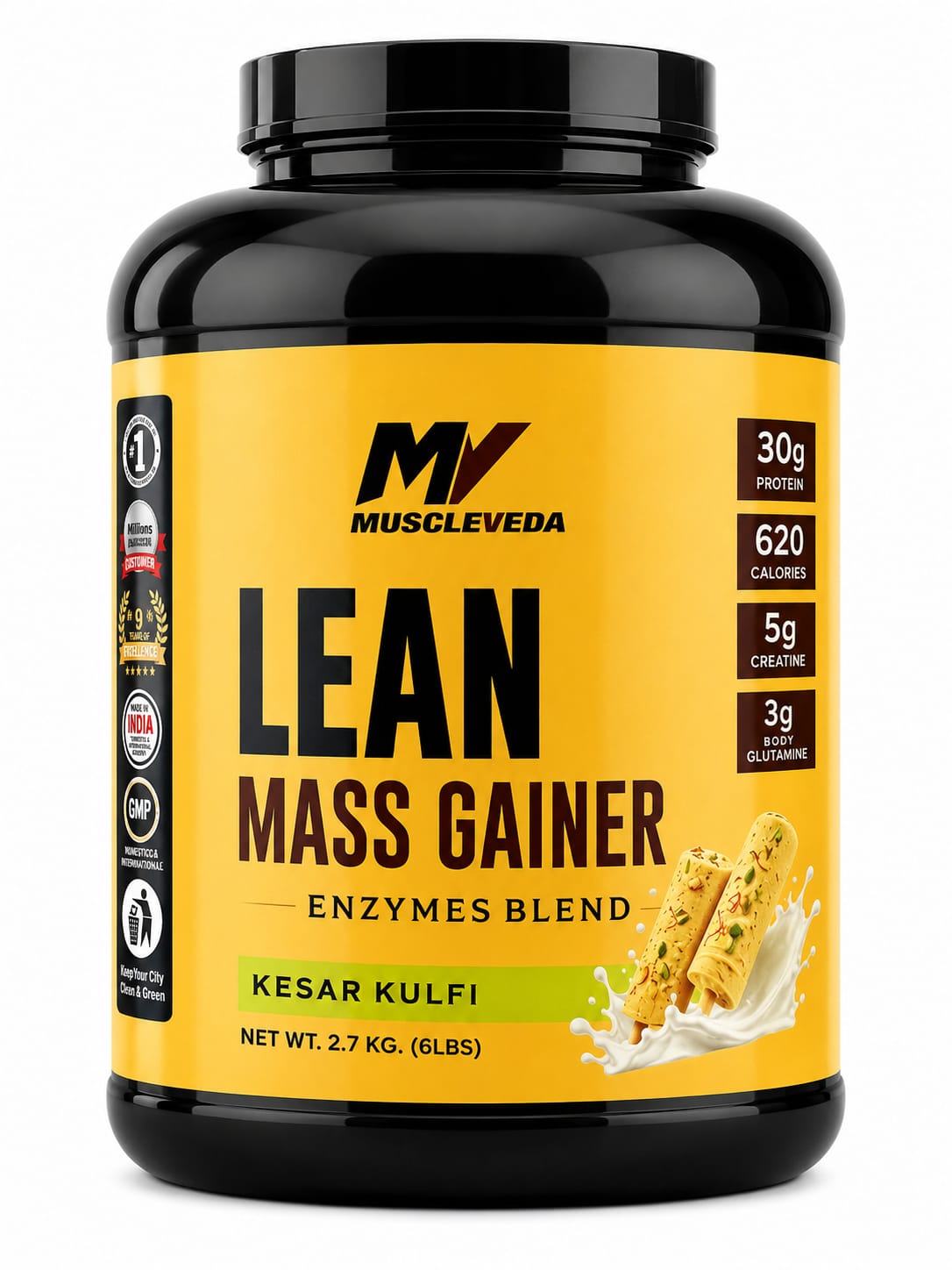 Muscleveda Lean Mass Gainer - Kesar Kulfi Flavor, 2.7 KG (6 LBS)