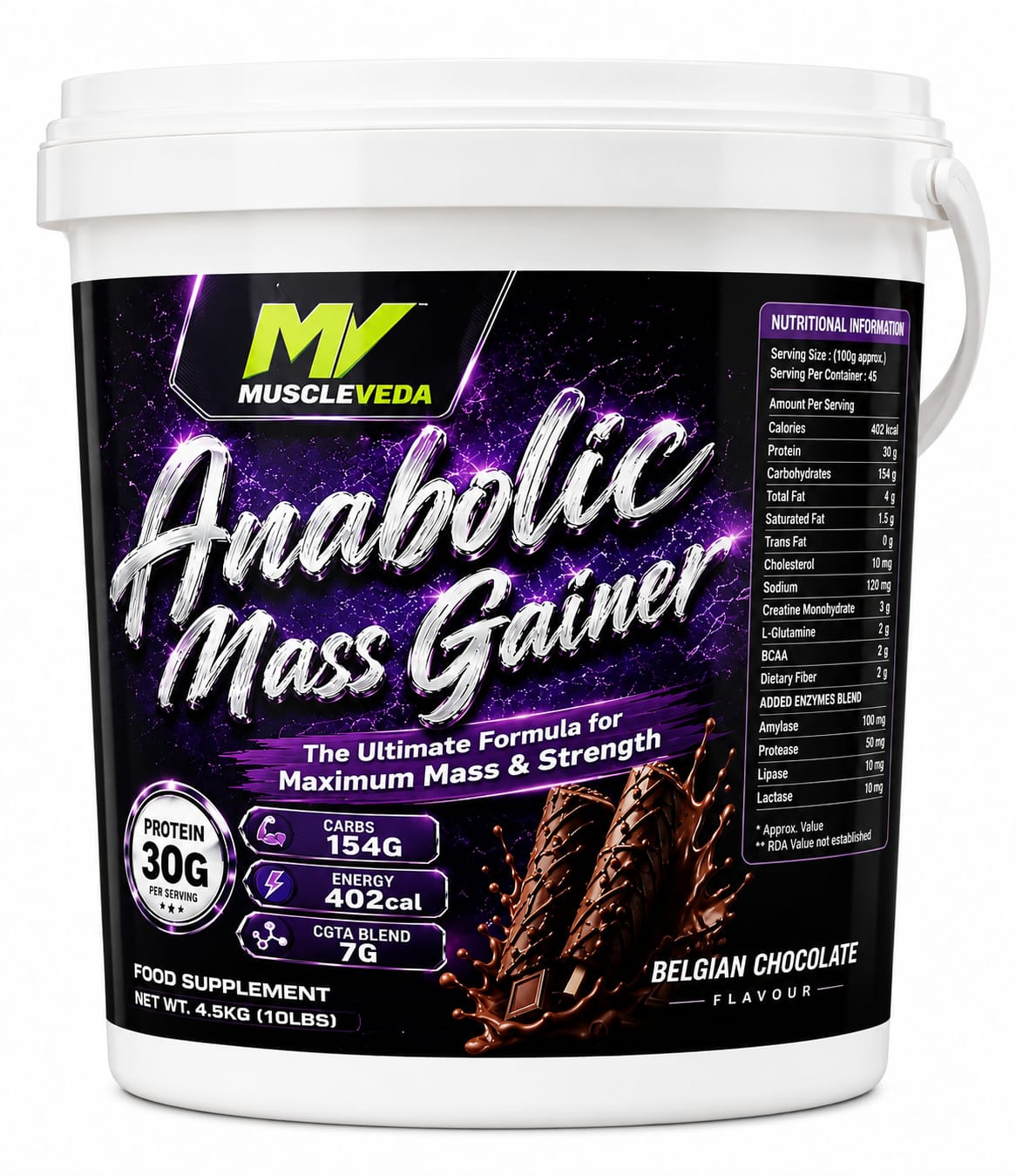 MuscleVeda Anabolic Mass Gainer - Belgian Chocolate Flavour, 4.5KG (10LBS)